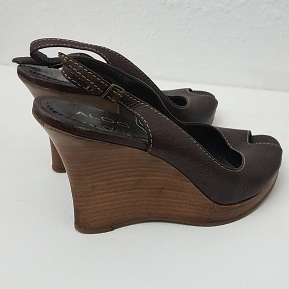 aldo sz 7 peep toe wedge sandels brown pebble - Picture 4 of 8